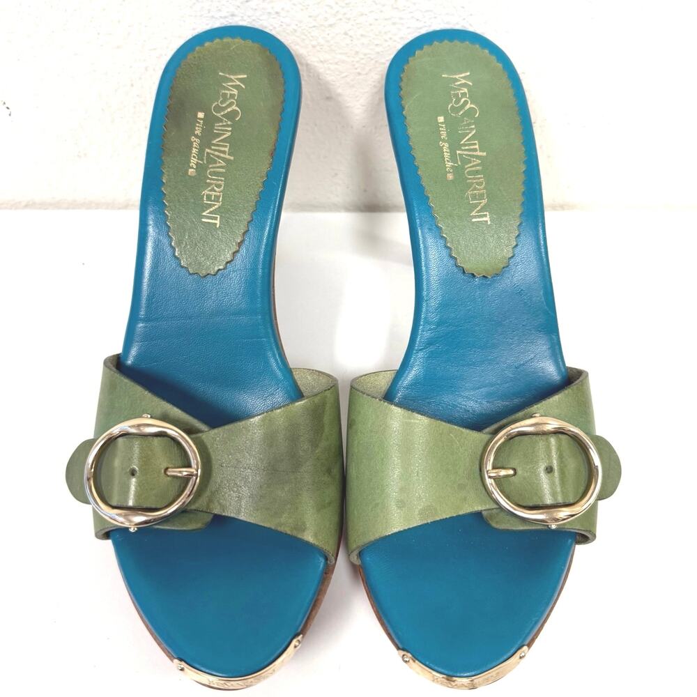 YVES SAINT LAURENT Teal Leather Slide Sandals Buckle Mules YSL  Italy Size 36